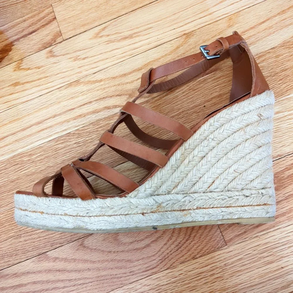 [SOLD] Coach Cognac Brown Leather Caged T-Strap Espadrille Wedge Strappy Sandals - Picture 2 of 16